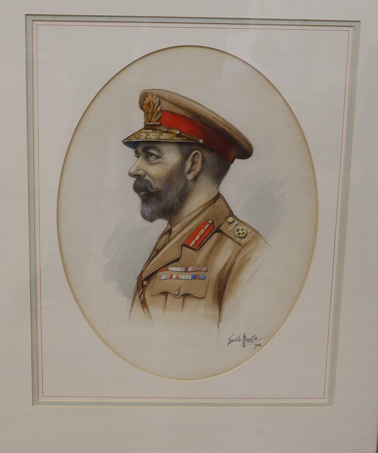 James Higgs, watercolour, George V in uniform, signed and dated 1928, 40 x 30cm, and four assorted prints